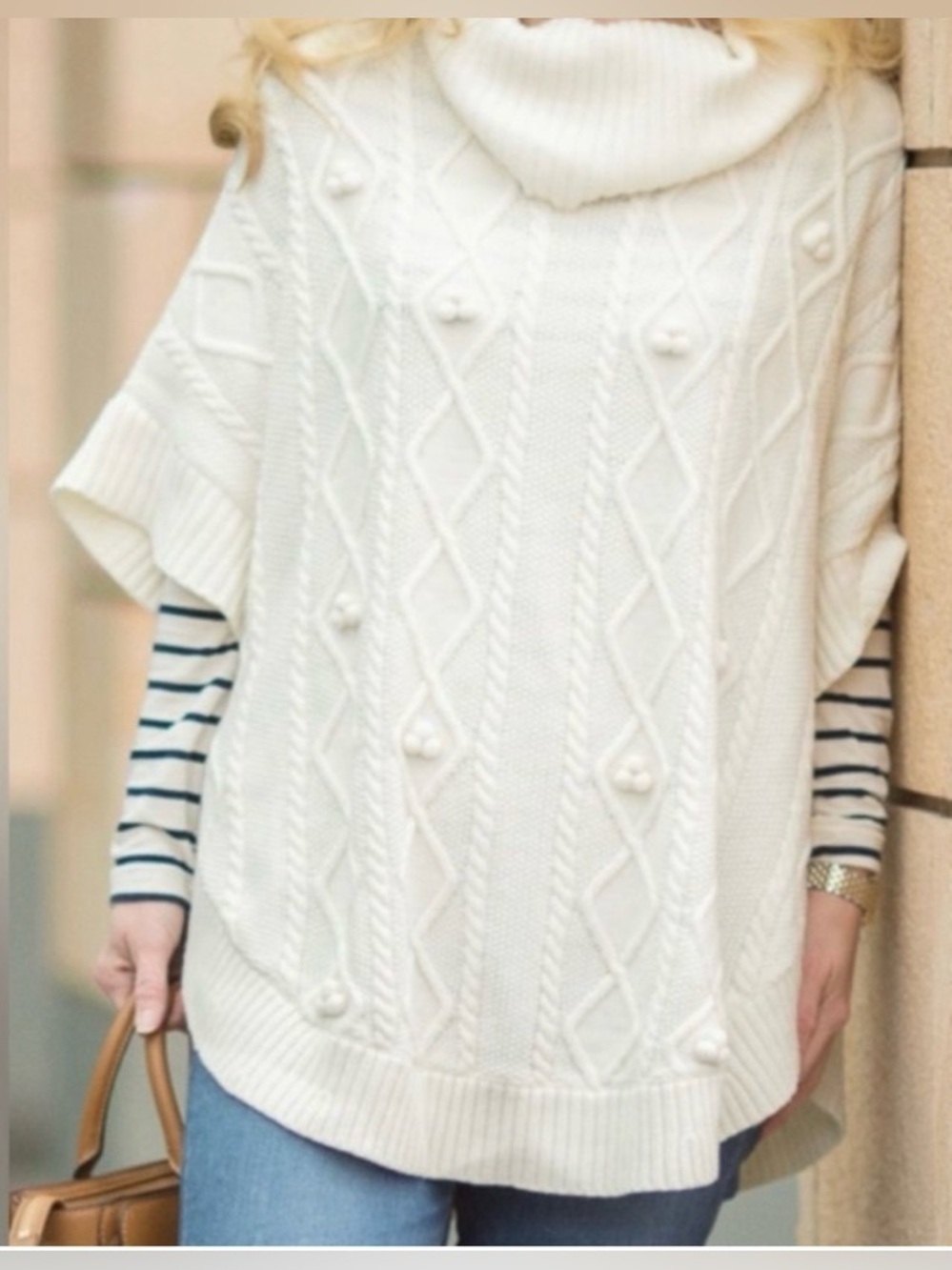 TALBOTS Aran Stitched Cowl Neck Poncho Cream Cableknit Neutral Size M Wool Blend